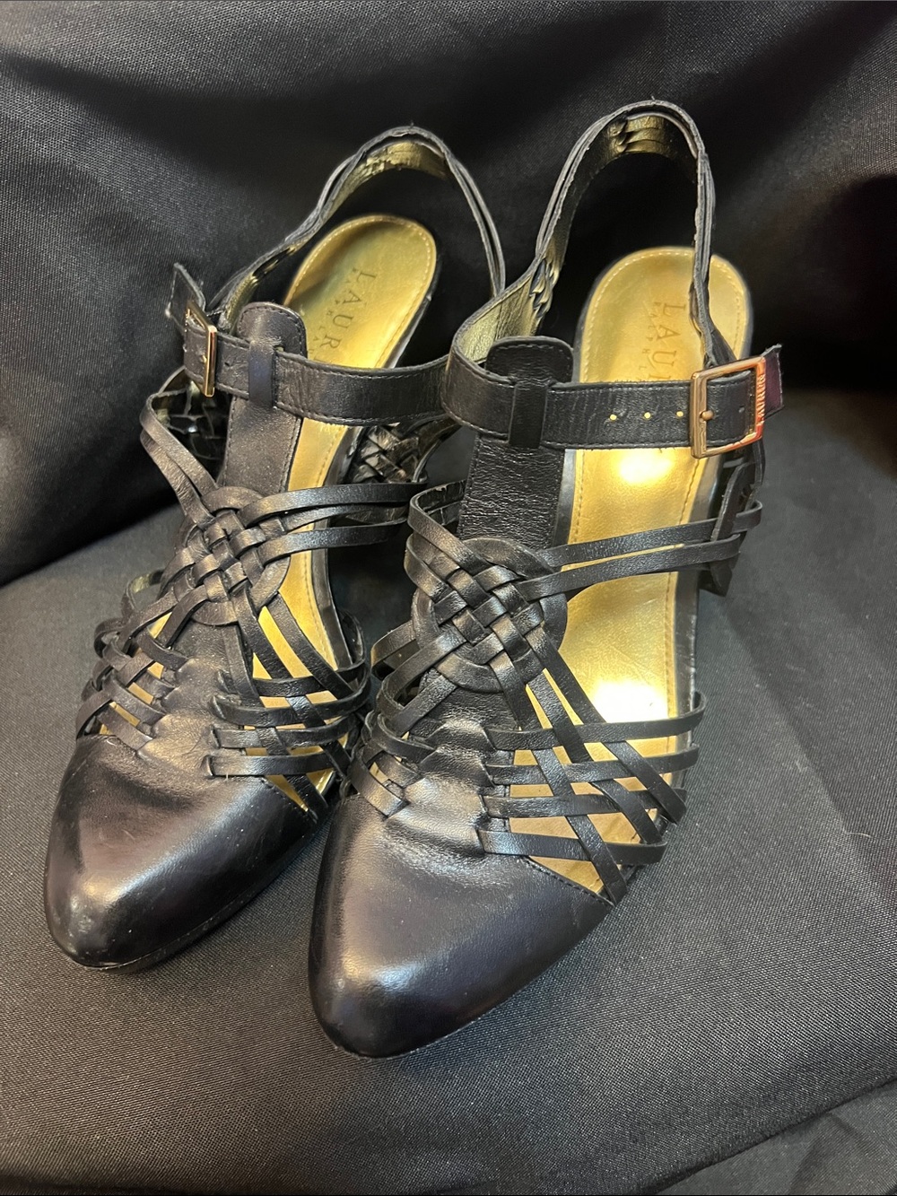 Vintage 🔥 Lauren Ralph Lauren Black Woven Leather Slingback Heels - Women's